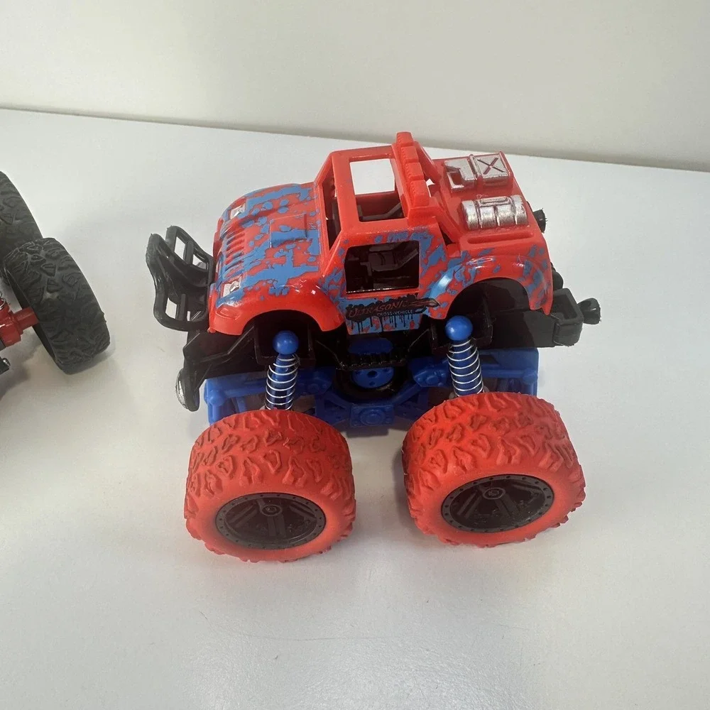 Lot of 4 Friction Propel Cars Push 'n Go Jeep Monster Truck Yellow Tractor Racer